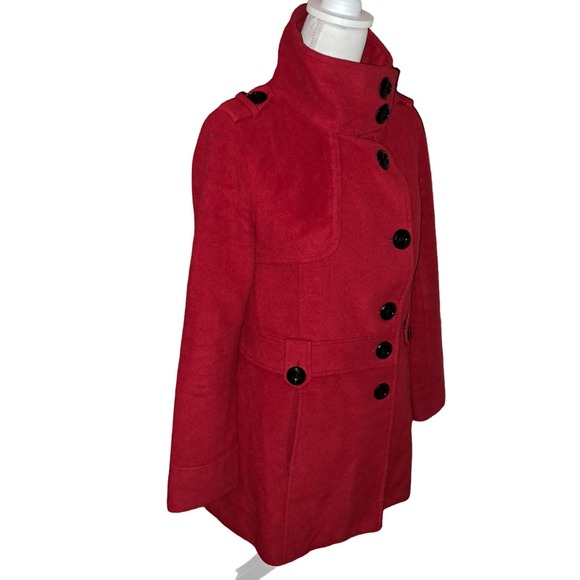 FLIRTY RED Coat Black Fleece Buttons peek-a-boo button up neck Sz SMALL Ladies - Picture 2 of 11